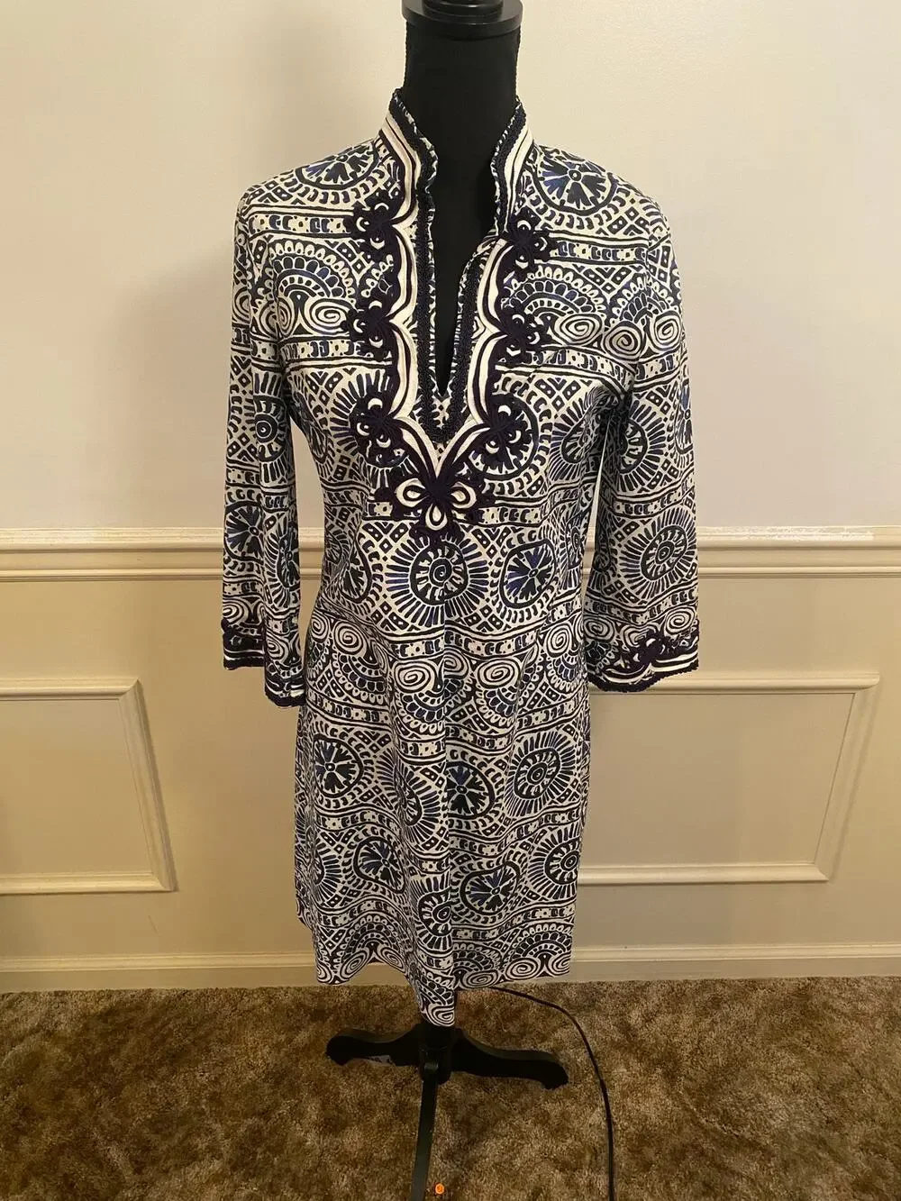 Tory Burch Tunic Shift Dress Mosaic Navy Blue White Tile Work Design Coastal